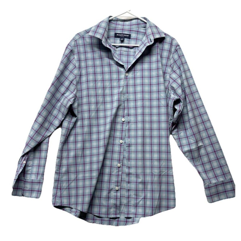 Mizzen + Main Leeward Classic No Tuck Men’s Dress Shirt Size Medium Plaid Blue